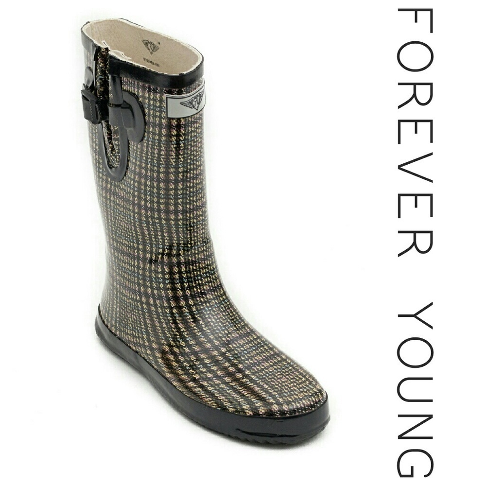 Women's Rainboots, Rubber Mid Calf Rainboots, RB-1503, Short Plaid, Size 6